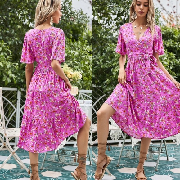 Boho floral print ruffle hem v neck belted dress - Picture 2 of 8